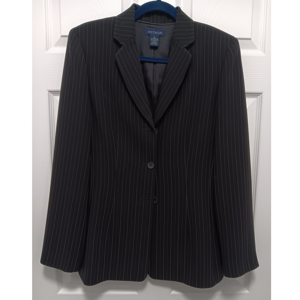 Ann Taylor Womens Black Pinstripe 3-Button Blazer & Wide Leg Pant Suit Size 8